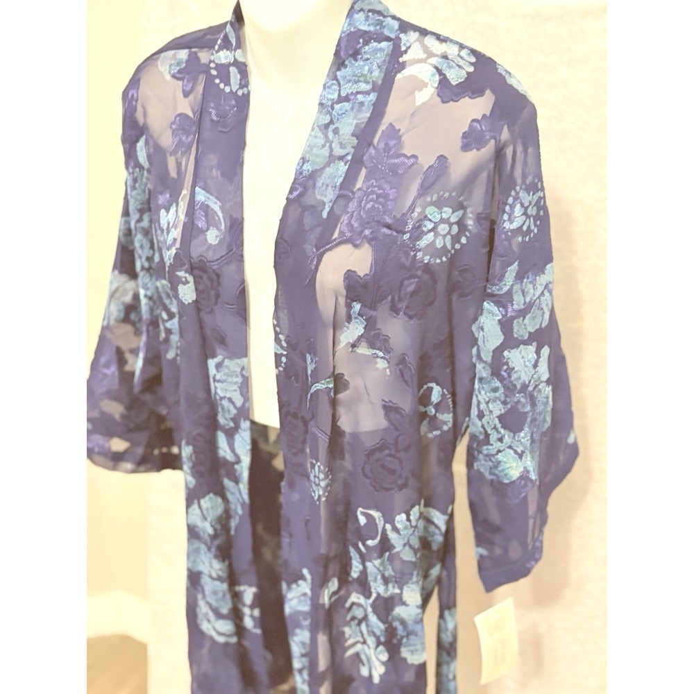 California Dynasty Sheer Floral Kimono Beach Cover Up Blue Burnout Mesh  M - Picture 6 of 8